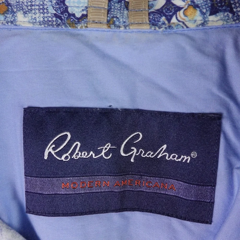 Robert Graham Modern Americana Men Blue Mosaic Tile Print SS Button Down Shirt M